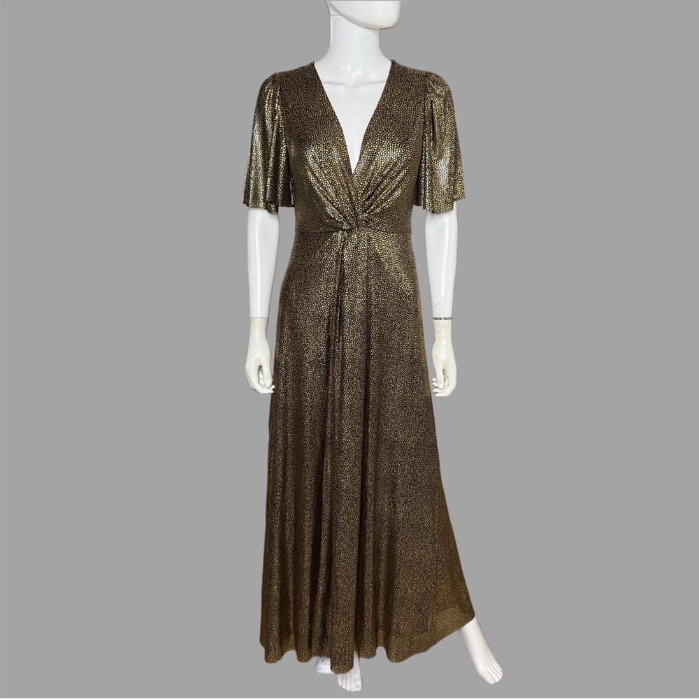 Halogen Metallic Gold Flutter Sleeve Faux‎ Wrap Maxi Dress
